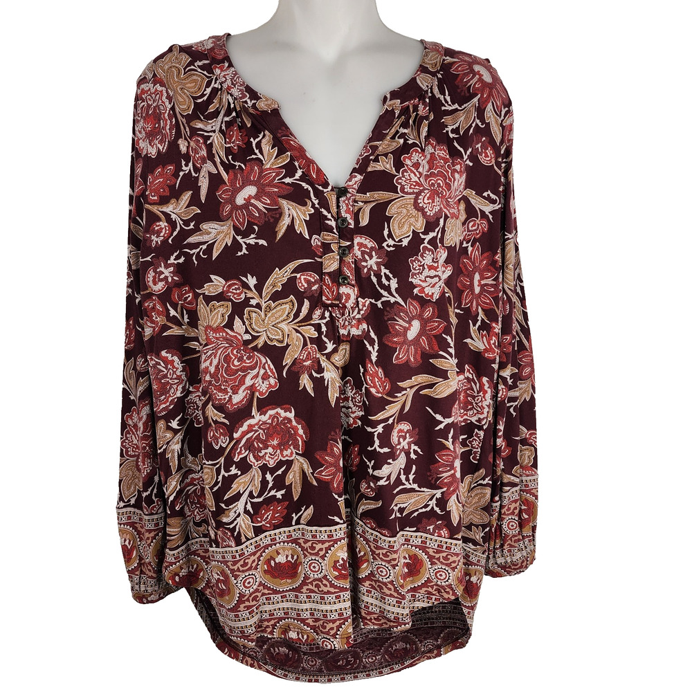 Lucky Brand Womens Top Medium Red Floral Border Henley Long Sleeve Pullover Boho